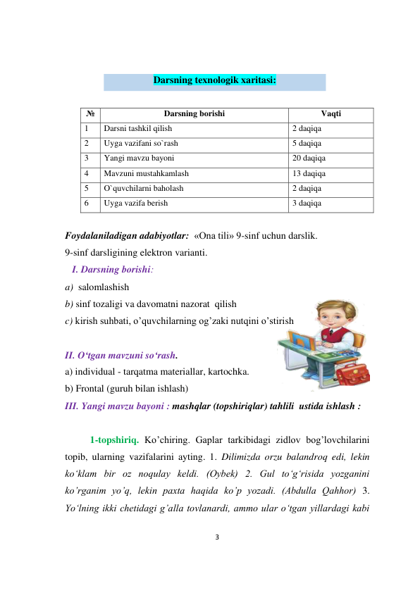 3 
 
 
 
Darsning texnologik xaritasi: 
 
№ 
Darsning borishi 
Vaqti 
1 
Darsni tashkil qilish 
2 daqiqa 
2 
Uyga vazifani so`rash  
5 daqiqa 
3 
Yangi mavzu bayoni 
20 daqiqa 
4 
Mavzuni mustahkamlash 
13 daqiqa 
5 
O`quvchilarni baholash 
2 daqiqa 
6 
Uyga vazifa berish 
3 daqiqa 
 
Foydalaniladigan adabiyotlar:  «Ona tili» 9-sinf uchun darslik.   
9-sinf darsligining elektron varianti. 
   I. Darsning borishi:  
a)  salomlashish  
b) sinf tozaligi va davomatni nazorat  qilish 
c) kirish suhbati, o’quvchilarning og’zaki nutqini o’stirish 
 
II. O‘tgan mavzuni so‘rash. 
a) individual - tarqatma materiallar, kartochka.  
b) Frontal (guruh bilan ishlash) 
III. Yangi mavzu bayoni : mashqlar (topshiriqlar) tahlili  ustida ishlash :                        
 
1-topshiriq. Ko’chiring. Gaplar tarkibidagi zidlov bog’lovchilarini 
topib, ularning vazifalarini ayting. 1. Dilimizda orzu balandroq edi, lekin 
ko‘klam bir oz noqulay keldi. (Oybek) 2. Gul to‘g‘risida yozganini 
ko’rganim yo’q, lekin paxta haqida ko’p yozadi. (Abdulla Qahhor) 3. 
Yo‘lning ikki chetidagi g’alla tovlanardi, ammo ular o‘tgan yillardagi kabi 
