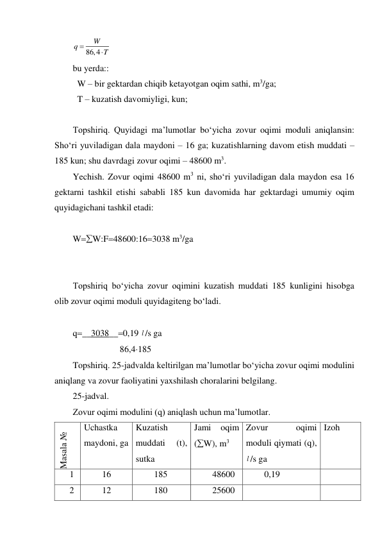 86,4
W
q
T


 
bu yerda:: 
 W – bir gektardan chiqib ketayotgan oqim sathi, m3/ga; 
 T – kuzatish davomiyligi, kun; 
 
Topshiriq. Quyidagi ma’lumotlar bo‘yicha zovur oqimi moduli aniqlansin: 
Sho‘ri yuviladigan dala maydoni – 16 ga; kuzatishlarning davom etish muddati – 
185 kun; shu davrdagi zovur oqimi – 48600 m3. 
Yechish. Zovur oqimi 48600 m3 ni, sho‘ri yuviladigan dala maydon esa 16 
gektarni tashkil etishi sababli 185 kun davomida har gektardagi umumiy oqim 
quyidagichani tashkil etadi: 
 
WW:F48600:163038 m3/ga 
 
 
Topshiriq bo‘yicha zovur oqimini kuzatish muddati 185 kunligini hisobga 
olib zovur oqimi moduli quyidagiteng bo‘ladi. 
 
q__3038__0,19 l /s ga 
                     86,4185 
Topshiriq. 25-jadvalda keltirilgan ma’lumotlar bo‘yicha zovur oqimi modulini 
aniqlang va zovur faoliyatini yaxshilash choralarini belgilang. 
25-jadval. 
Zovur oqimi modulini (q) aniqlash uchun ma’lumotlar. 
Masala № 
Uchastka 
maydoni, ga 
Kuzatish 
muddati 
(t), 
sutka 
Jami 
oqim 
(W), m3 
Zovur 
oqimi 
moduli qiymati (q), 
l /s ga 
Izoh  
1 
16 
185 
48600 
0,19 
 
2 
12 
180 
25600 
 
 
