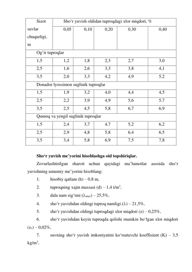 Sizot 
suvlar 
chuqurligi, 
m 
Sho‘r yuvish oldidan tuproqdagi xlor miqdori, % 
0,05 
0,10 
0,20 
0,30 
0,40 
Og‘ir tuproqlar 
1,5 
1,2 
1,8 
2,3 
2,7 
3,0 
2,5 
1,6 
2,6 
3,3 
3,8 
4,1 
3,5 
2,0 
3,3 
4,2 
4,9 
5,2 
Donador lyossimon suglinik tuproqlar 
1,5 
1,9 
3,2 
4,0 
4,4 
4,5 
2,5 
2,2 
3,9 
4,9 
5,6 
5,7 
3,5 
2,5 
4,5 
5,8 
6,7 
6,9 
Qumoq va yengil suglinik tuproqlar 
1,5 
2,4 
3,7 
4,7 
5,2 
6,2 
2,5 
2,9 
4,8 
5,8 
6,4 
6,5 
3,5 
3,4 
5,8 
6,9 
7,5 
7,8 
 
Sho‘r yuvish me’yorini hisoblashga oid topshiriqlar. 
Zovurlashtirilgan sharoit uchun quyidagi ma’lumotlar asosida sho‘r 
yuvishning umumiy me’yorini hisoblang: 
1. 
hisobiy qatlam (h) – 0,8 m, 
2. 
tuproqning xajm massasi (d) – 1,4 t/m3, 
3. 
dala nam sig‘imi (max) – 25,5%, 
4. 
sho‘r yuvishdan oldingi tuproq namligi () – 21,5%, 
5. 
sho‘r yuvishdan oldingi tuproqdagi xlor miqdori (z) – 0,25%, 
6. 
sho‘r yuvishdan keyin tuproqda qolishi mumkin bo‘lgan xlor miqdori 
(z1) – 0,02%, 
7. 
suvning sho‘r yuvish imkoniyatini ko‘rsatuvchi koeffisient (K) – 3,5 
kg/m3, 
