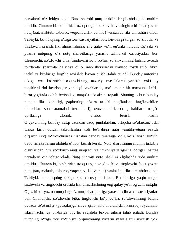 narsalarni o‘z ichiga oladi. Nutq sharoiti nutq shaklini belgilashda juda muhim
omildir. Chunonchi, bir-biridan uzoq turgan so‘zlovchi va tinglovchi faqat yozma
nutq (xat, maktub, axborot, veqoanavislik va h.k.) vositasida fikr almashtira oladi.
Tabiiyki, bu nutqning o‘ziga xos xususiyatlari bor. Bir-biriga turgan so‘zlovchi va
tinglovchi orasida fikr almashishning eng qulay yo‘li og‘zaki nutqdir. Og‘zaki va
yozma  nutqning  o‘z  nutq  sharoitlariga  yarasha  xilma-xil  xususiyatlari  bor.
Chunonchi, so‘zlovchi bitta, tinglovchi ko‘p bo‘lsa, so‘zlovchining baland ovozda
to‘xtamlar (pauzalar)ga rioya qilib, imo-ishoralardan kamroq foydalanib, fikrni
izchil va bir-biriga bog‘liq ravishda bayon qilishi talab etiladi. Bunday nutqning
o‘ziga  xos  ko‘rinishi  o‘quvchining  nazariy  masalalarni  yoritish  yoki  uy
topshiriqlarini bearish jarayonidagi javoblarida, ma’lum bir bir mavzuni sinfda,
biror yig‘inda ochib berishdagi nutqida o‘z aksini topadi. Shuning uchun bunday
nutqda  fikr  izchilligi,  gaplarning  o‘zaro  to‘g‘ri  bog‘lanishi,  bog‘lovchilar,
olmoshlar,  soha  atamalari  (terminlari),  ovoz  tembri,  ohang  kabilarni  to‘g‘ri
qo‘llashga
 
alohida
 
e’tibor
 
berish
 
lozim.
O‘quvchining bunday nutqi uzundan-uzoq jumlalardan, ortiqcha so‘zlardan, odat
tusiga  kirib  qolgan  takrorlardan  xoli  bo‘lishiga  nutq  yaratilayotgan  paytda
o‘quvchining so‘zlovchilarga nisbatan qanday turishiga, qo‘l, ko‘z, bosh, bo‘yin,
oyoq harakatlariga alohida e’tibor berish kerak. Nutq sharoitining muhim tarkibiy
qismlaridan biri so‘zlovchining maqsadi va imkoniyatlarigacha bo‘lgan barcha
narsalarni o‘z ichiga oladi. Nutq sharoiti nutq shaklini elgilashda juda muhim
omildir. Chunonchi, bir-biridan uzoq turgan so‘zlovchi va tinglovchi faqat yozma
nutq (xat, maktub, axborot, voqeanavislik va h.k.) vositasida fikr almashtira oladi.
Tabiiyki,  bu  nutqning  o‘ziga  xos  xususiyatlari  bor.  Bir  –biriga  yaqin  turgan
sozlovchi va tinglovchi orasida fikr almashishning eng qulay yo‘li og‘zaki nutqdir.
Og‘zaki va yozma nutqning o‘z nutq sharoitlariga yarasha xilma-xil xususiyatlari
bor. Chunonchi, so‘zlovchi bitta, tinglovchi ko‘p bo‘lsa, so‘zlovchining baland
ovozda to‘xtamlar (pauzalar)ga rioya qilib, imo-shoralardan kamroq foydalanib,
fikrni izchil va bir-biriga bog‘liq ravishda bayon qilishi talab etiladi. Bunday
nutqning o‘ziga xos ko‘rinishi  o‘quvchining nazariy masalalarni  yoritish yoki
